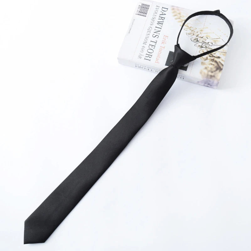 Black Unisex Zipper Ties Retro Silky Narrow Neck Tie Slim Smooth Qme