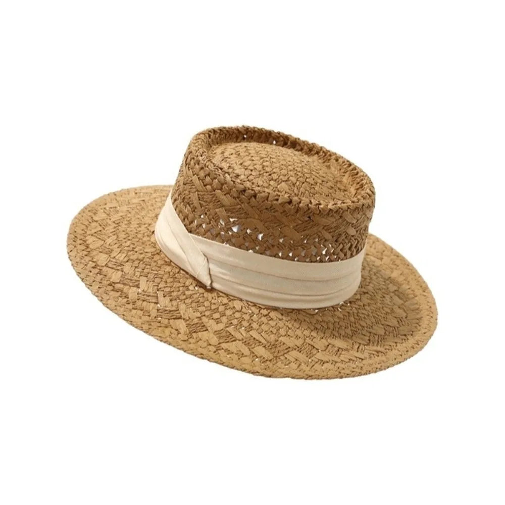 Fashion Wide Brim Hollow Straw Hat Sunscreen Cloth Buckle Western Qme Khaki Beige