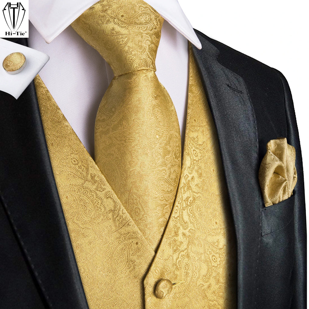 Luxury Gold Mens Suit Vest Red Blue Green Yellow Waistcoat Tie Bowtie Qme