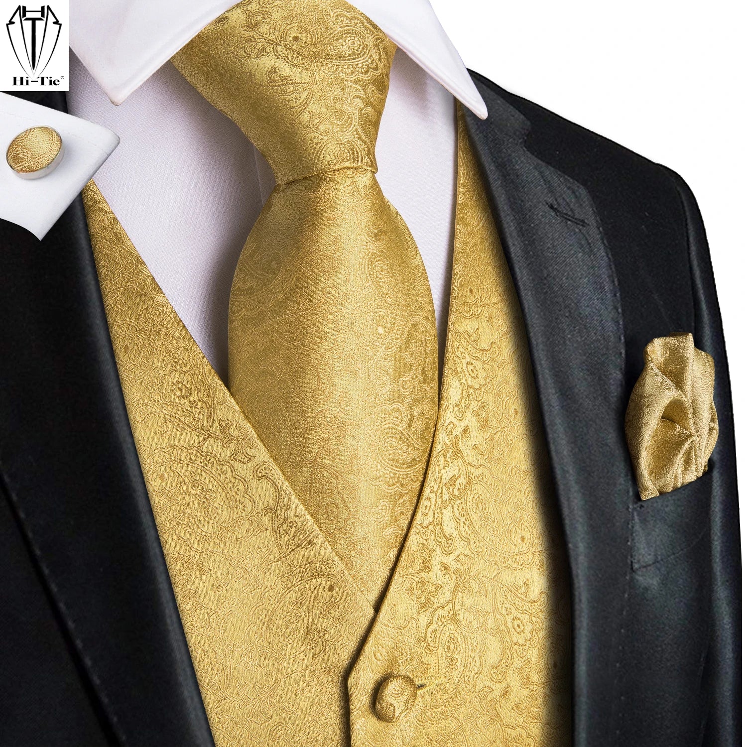 Luxury Gold Mens Suit Vest Red Blue Green Yellow Waistcoat Tie Bowtie Qme