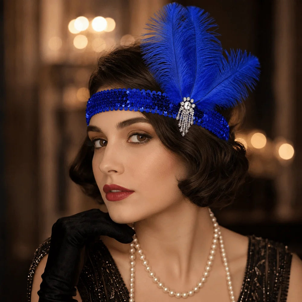 Exquisite Retro Women's Feather Headband Sequin 1920s Girls Hair Hoop Qme