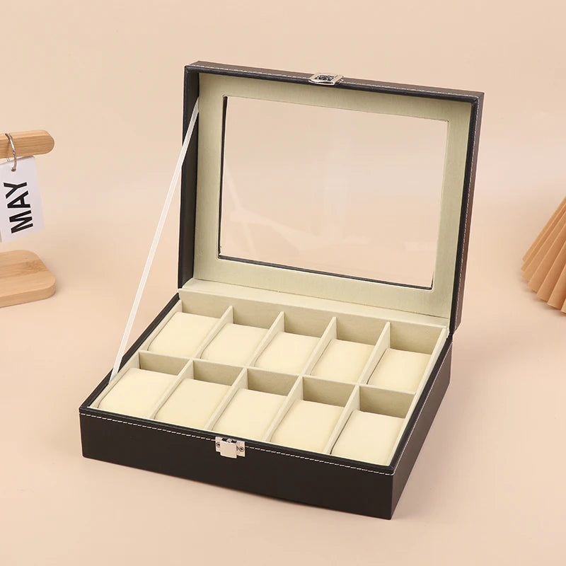 1Pc Black PU Leather Watch Box Display Case Organizer With Framed Glass Lid And Removable Pillow For Men And Women Qme