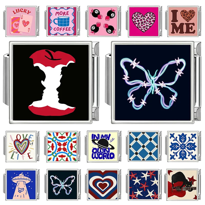 Fashion Red Apple Butterfly Black Blue Charm Bracelet Fit 9mm Bracelet Stainless Steel Italian Links Making DIYJewelry Wholesale Qme