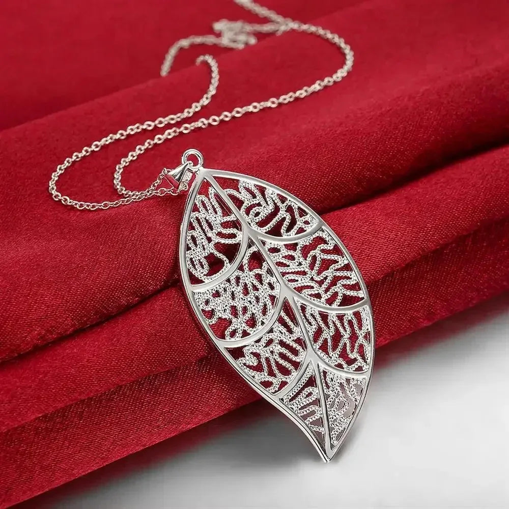 Fine Pretty 925 Sterling Silver Leaf Pattern Pendant Necklace for Women Holiday Gifts High Quality Fashion Party Wedding Jewelry Qme WHITE 60cm