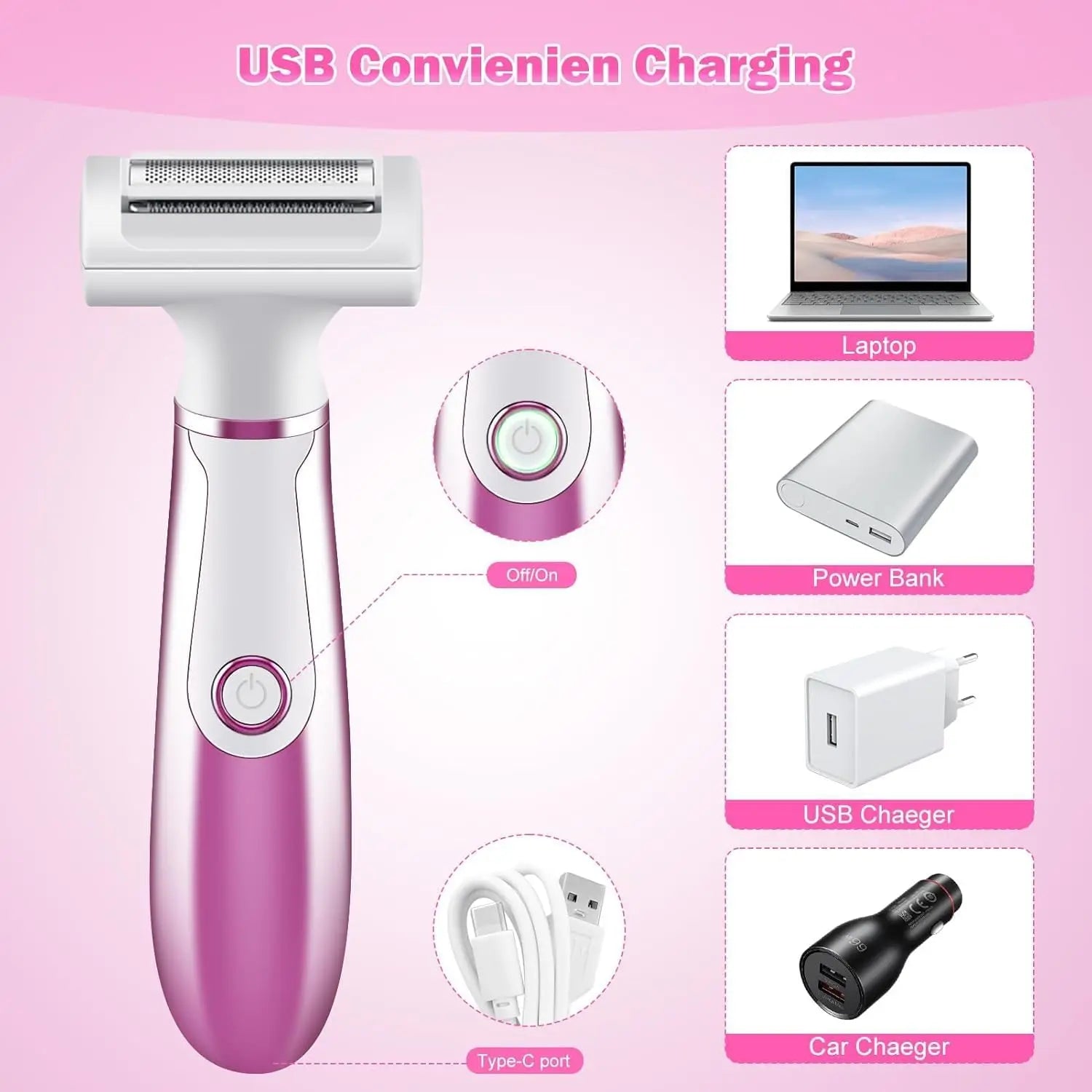 Electric Razors for Women,4 In 1 Womens Razors for Face Arm Leg Pubic Area, Cordless Hair Removal Rechargeable Bikini Trimmer Qme
