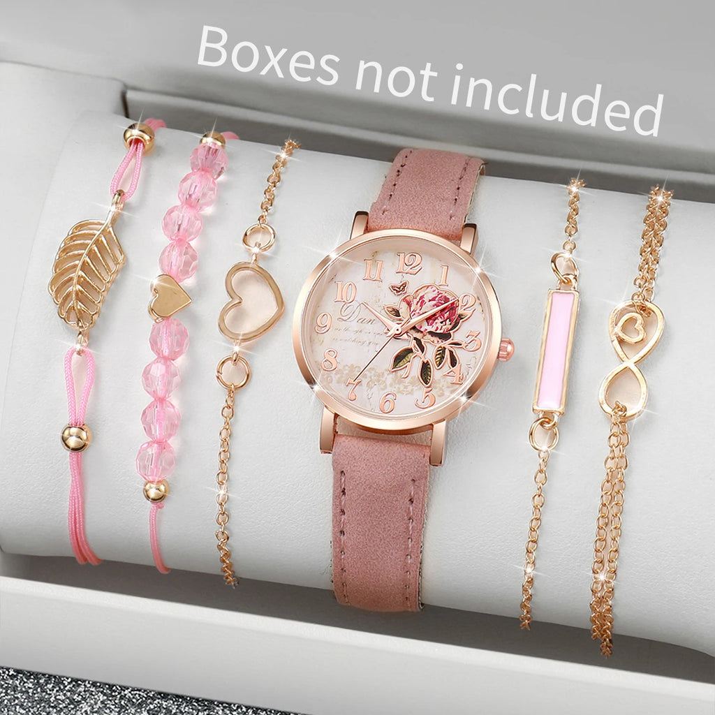 PU leather strap women's quartz watch pink dial, pink strap set, 6-piece set Qme Pink
