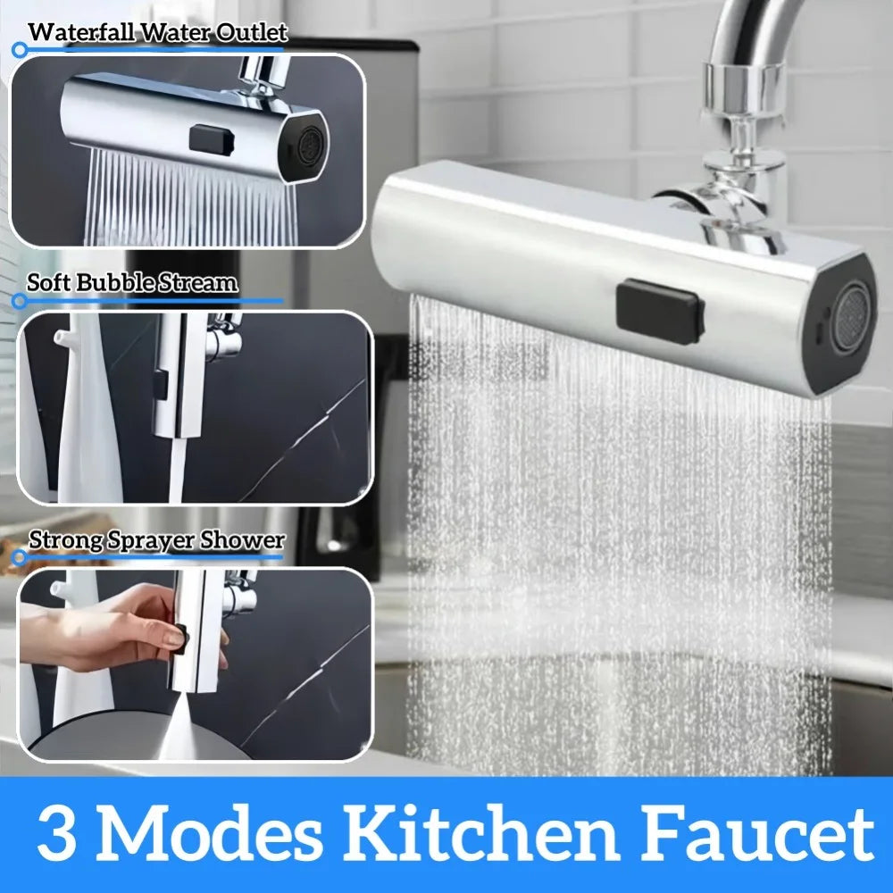 3 Gear Waterfall Kitchen Faucet Universal Splash Proof Extension Saving Nozzle 360 ° Rotating Bubbler Boosting Extended Faucet Qme