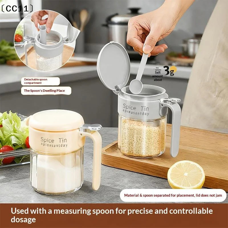 Glass Spice Jar Built-in Spoon Handle Airtight Seasoning Container Qme