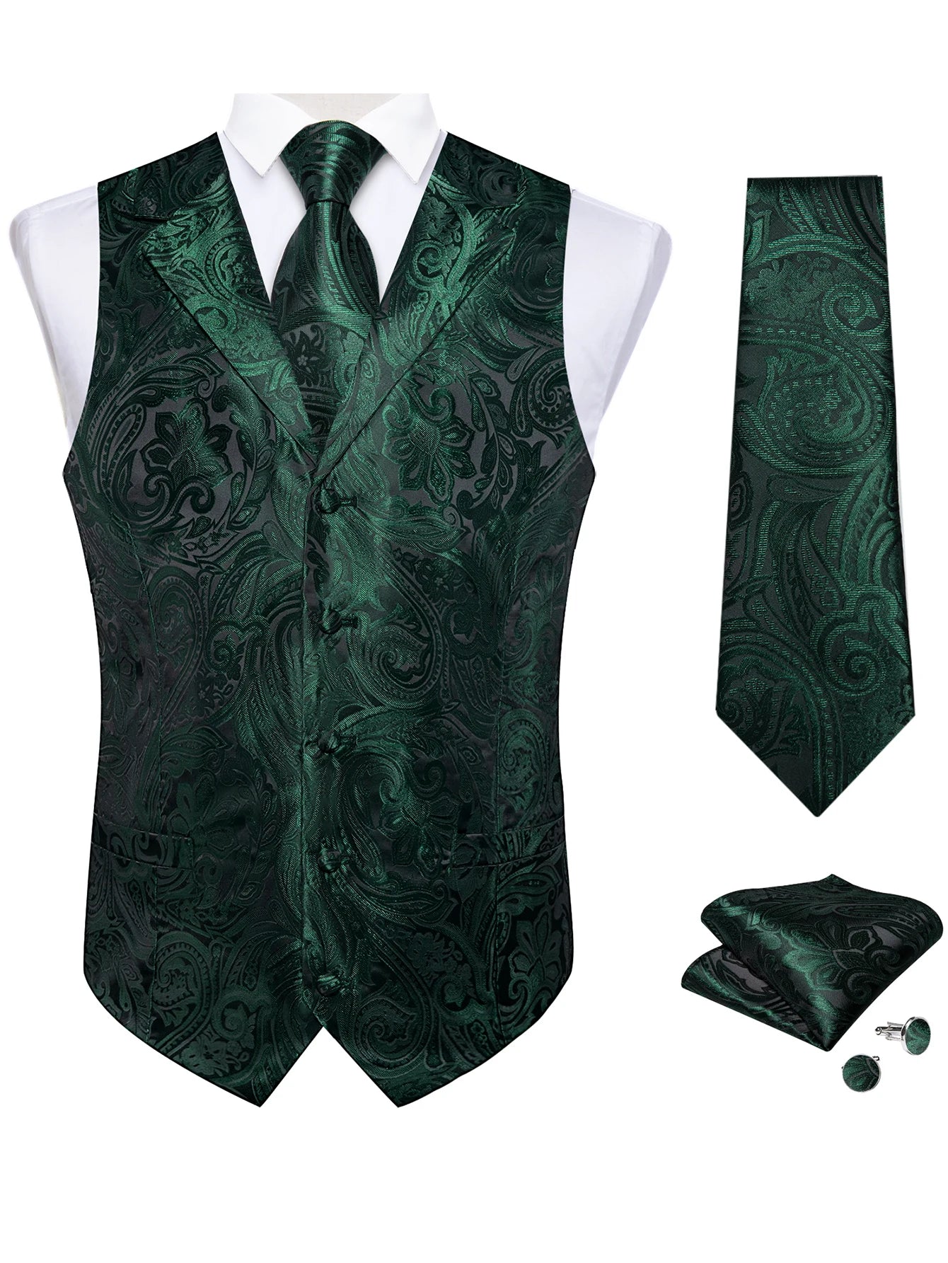 Men's Paisley Suit Vest & Tie Set – Formal Waistcoat with Necktie Pocket Square, Perfect for Weddings and Business Events Qme MJTZ0503 L