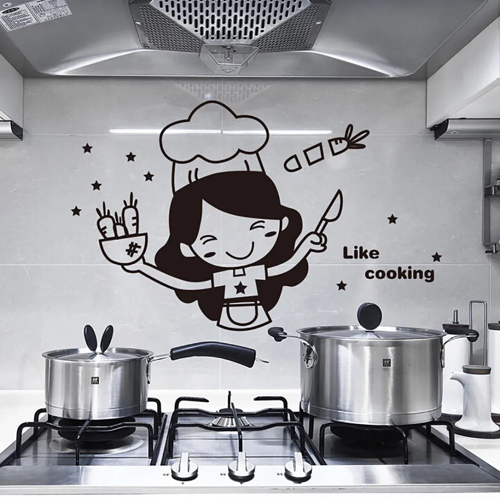 Happy Girl Chef Loves Cooking Wall Sticker Restaurant Bar Kitchen Dining Room Fridge Light Switch Decal DIY Art Home Decor Qme Black