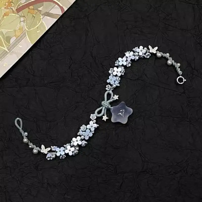 Blue Flower Braided Bracelet With Star Butterfly And Faux Pearl Accents Perfect For Daily Wear Gift For Girls Fashion Jewelry Qme