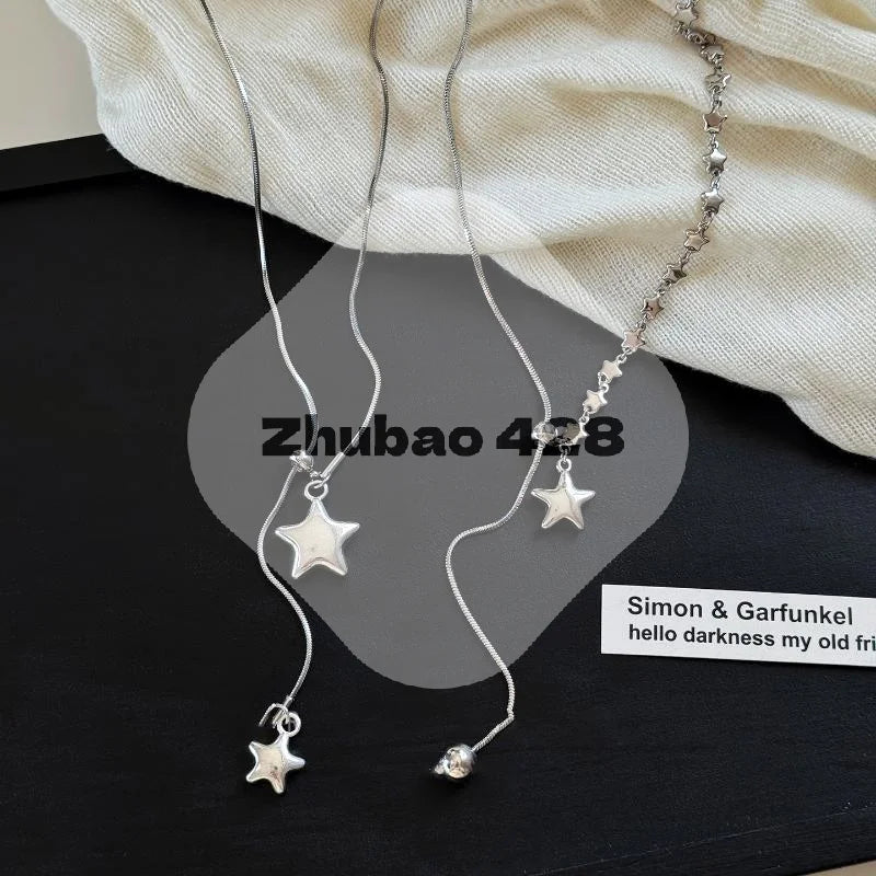 Silver Color Asymmetrical Star Pendant Adjustable Snake Chain Necklace For Women Qme
