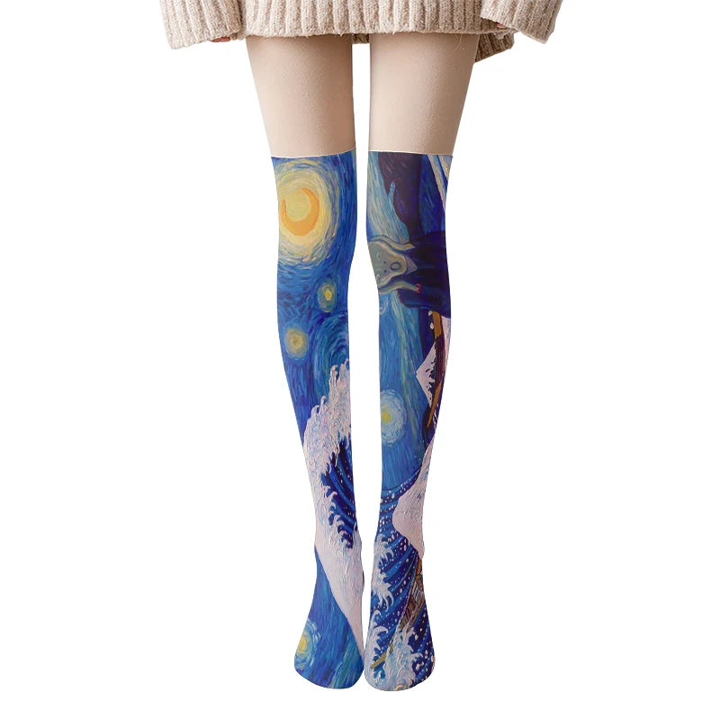 Van Gogh Retro Oil Painting Thigh Stockings Starry Sky Sunflower Qme style10 One Size