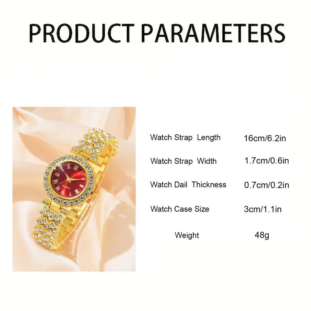 5Pcs Golden Luxury Watch Women Ring Necklace Earring Rhinestone Fashion Wristwatch Red Dial Casual Ladies Watches Jewelry Set Qme
