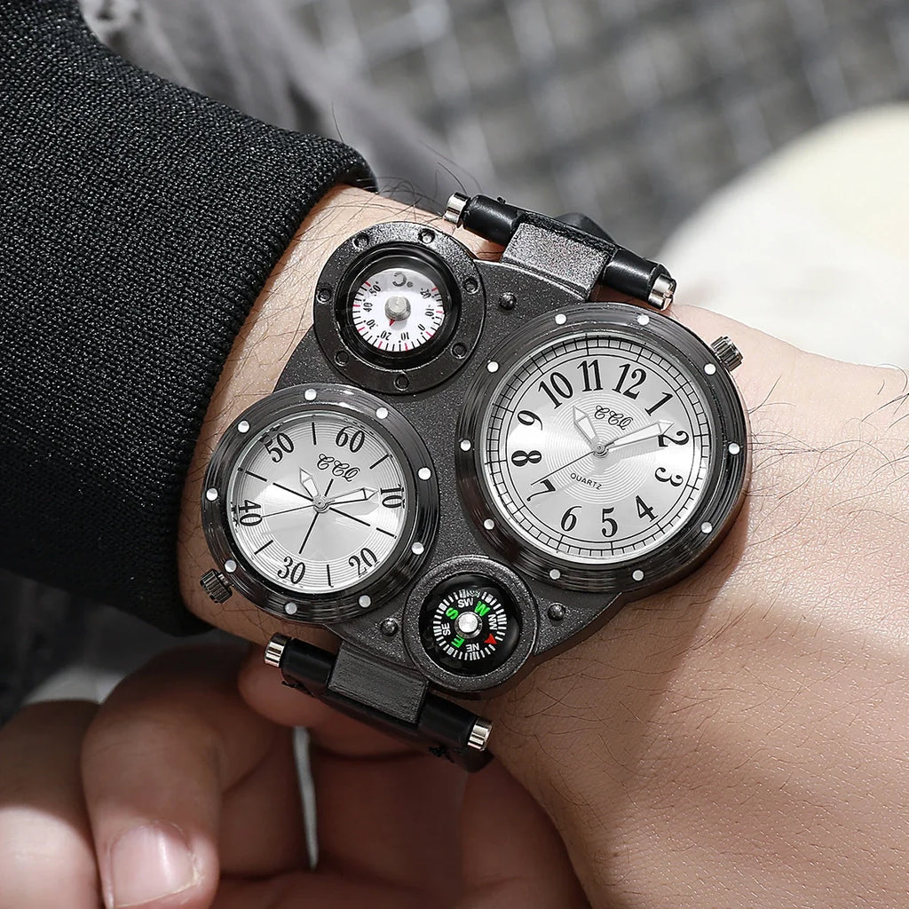 2 pçs/set luxo grande dial masculino relógios de quartzo casual pulseira de couro relógios de pulso esporte para homem 4 Qme