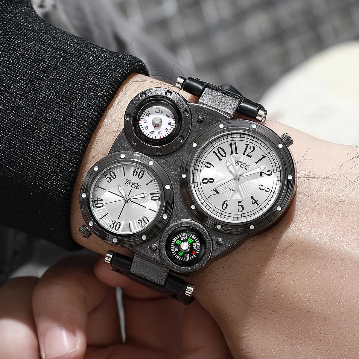 2 pçs/set luxo grande dial masculino relógios de quartzo casual pulseira de couro relógios de pulso esporte para homem 4 Qme