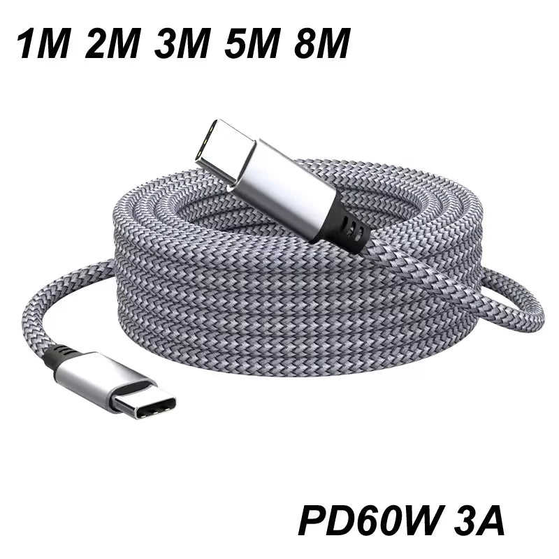 60W Extension Cable Type C To Type C 1M/2M/3M/5M/8M Cable PD Fast Charger Data Cable Type C Data Line For iPhone Xiaomi Samsung Qme