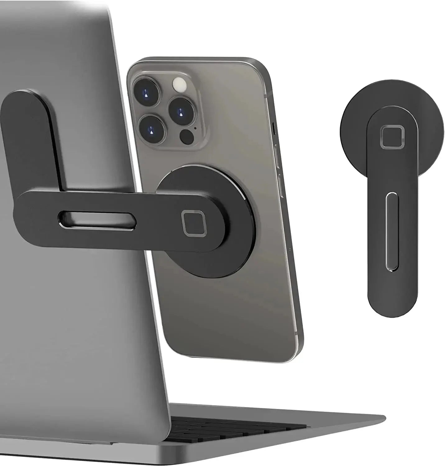 Magnetic Laptop Phone Holder Computer Monitor Side Cell Phone Slim& Foldable For iPhone 14/13/12 Series Case and All Phone Qme black