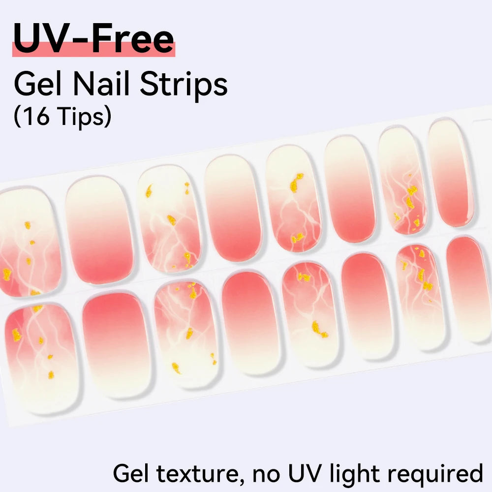 16Tips Pink Red French UV-Free Gel Nail Stickers Sparkly Shinning Qme CMK-0076
