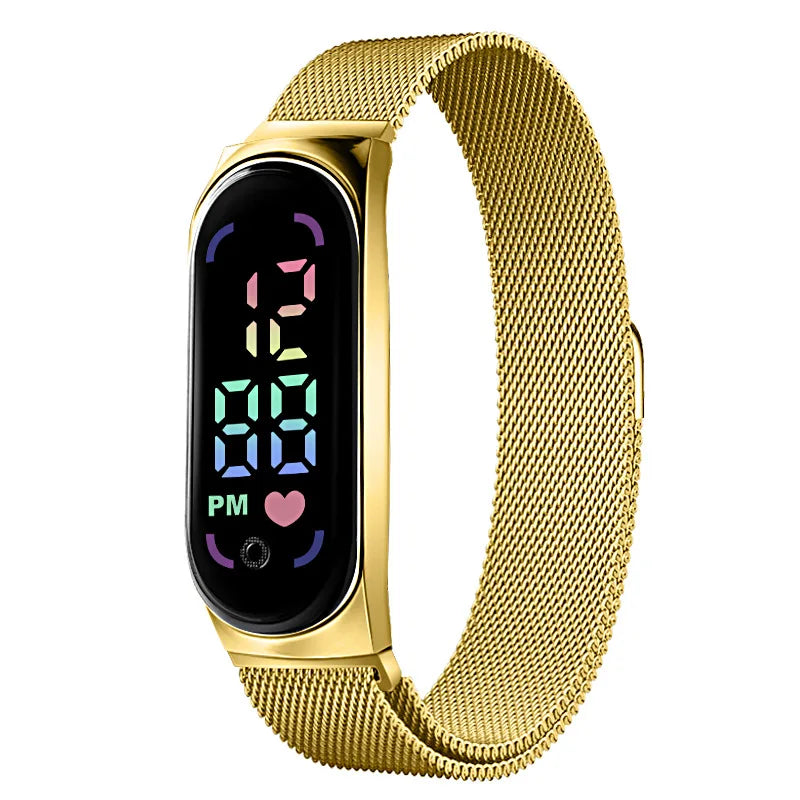 New Magnetic LED Electronic Watch, Student Sports Alloy Bracelet, Gift Children's Electronic Watch Qme Gold