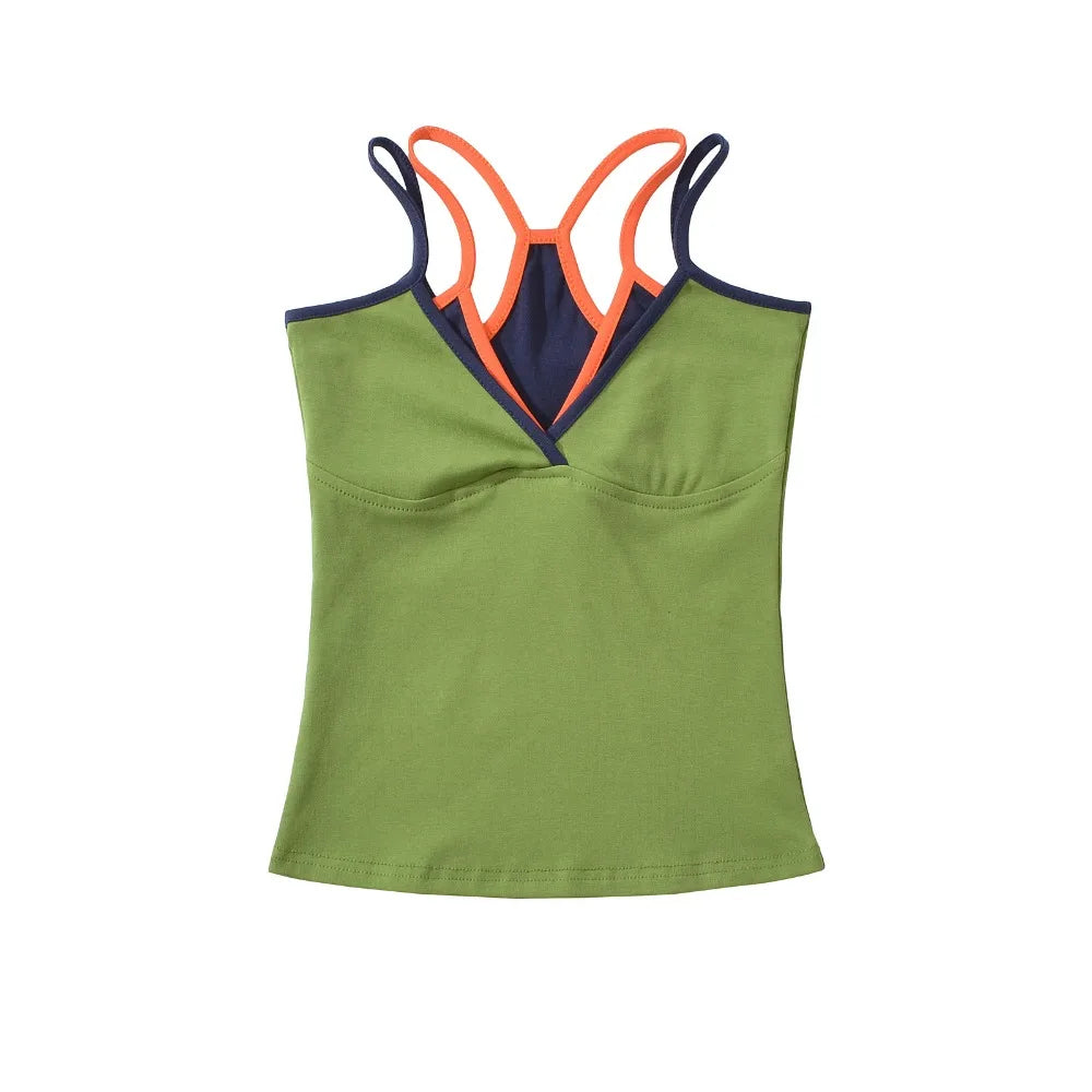 Fashion Slim Fit Fake Two Camisole Patchwork Streetwear Crop Tops Qme Green S