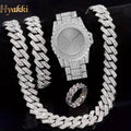 Heavy Bling All Crystal Paved Dial Gold Plated Men Wrist Watch Matching Iced Wide Cuban Chain Jewelry Gift For Rappers Night Par Qme 1