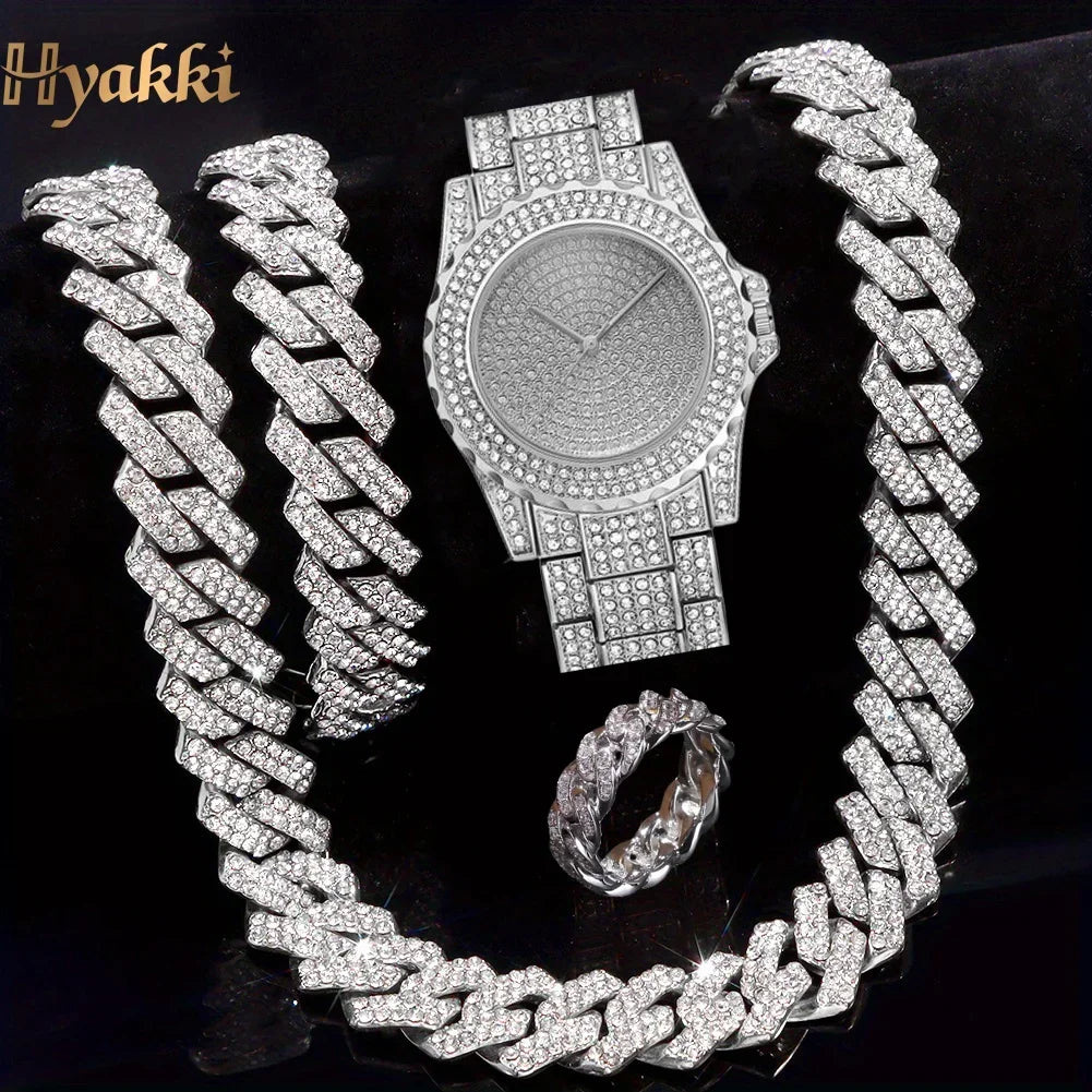 Heavy Bling All Crystal Paved Dial Gold Plated Men Wrist Watch Matching Iced Wide Cuban Chain Jewelry Gift For Rappers Night Par Qme 1