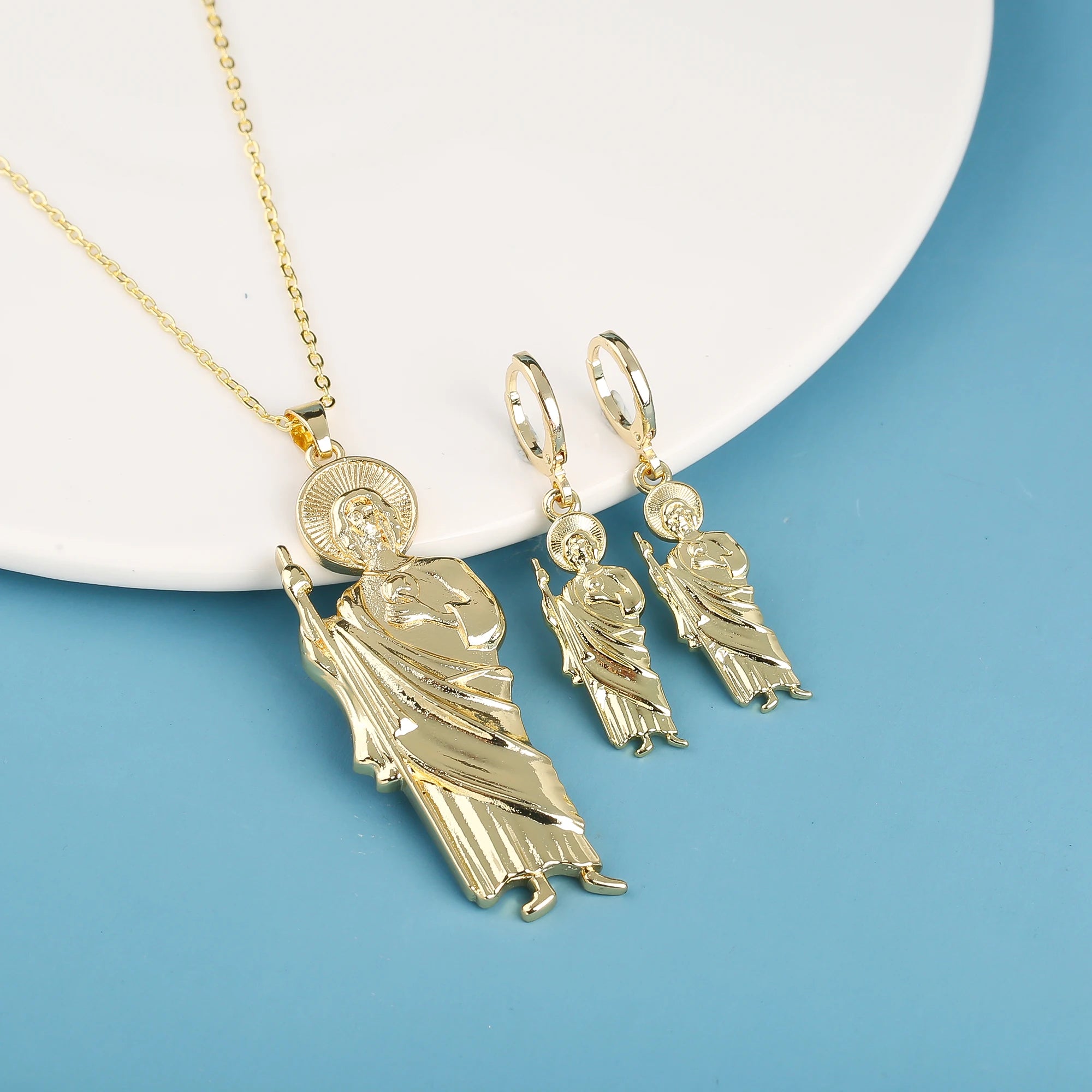 3PCS Religious San Judas Jewelry Set Necklace Earrings Simple for Woman Girl Party Wedding Zirconia Jewelry Gift Daily Wear Qme Jewelry Set 7