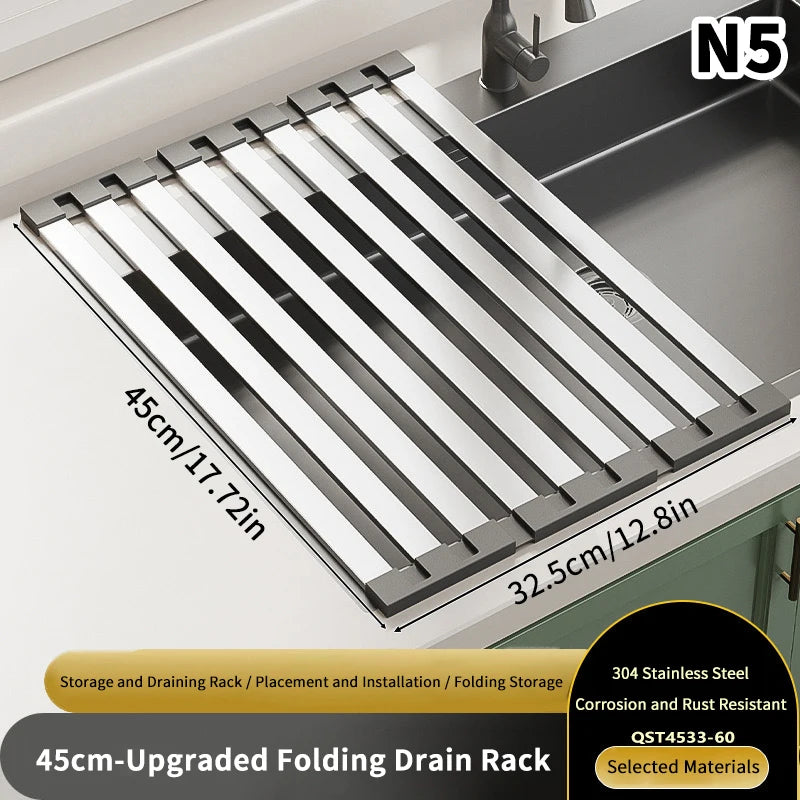 Stainless Steel Kitchen Sink Drain Rack Foldable Dish Drainer Bowl Qme 5