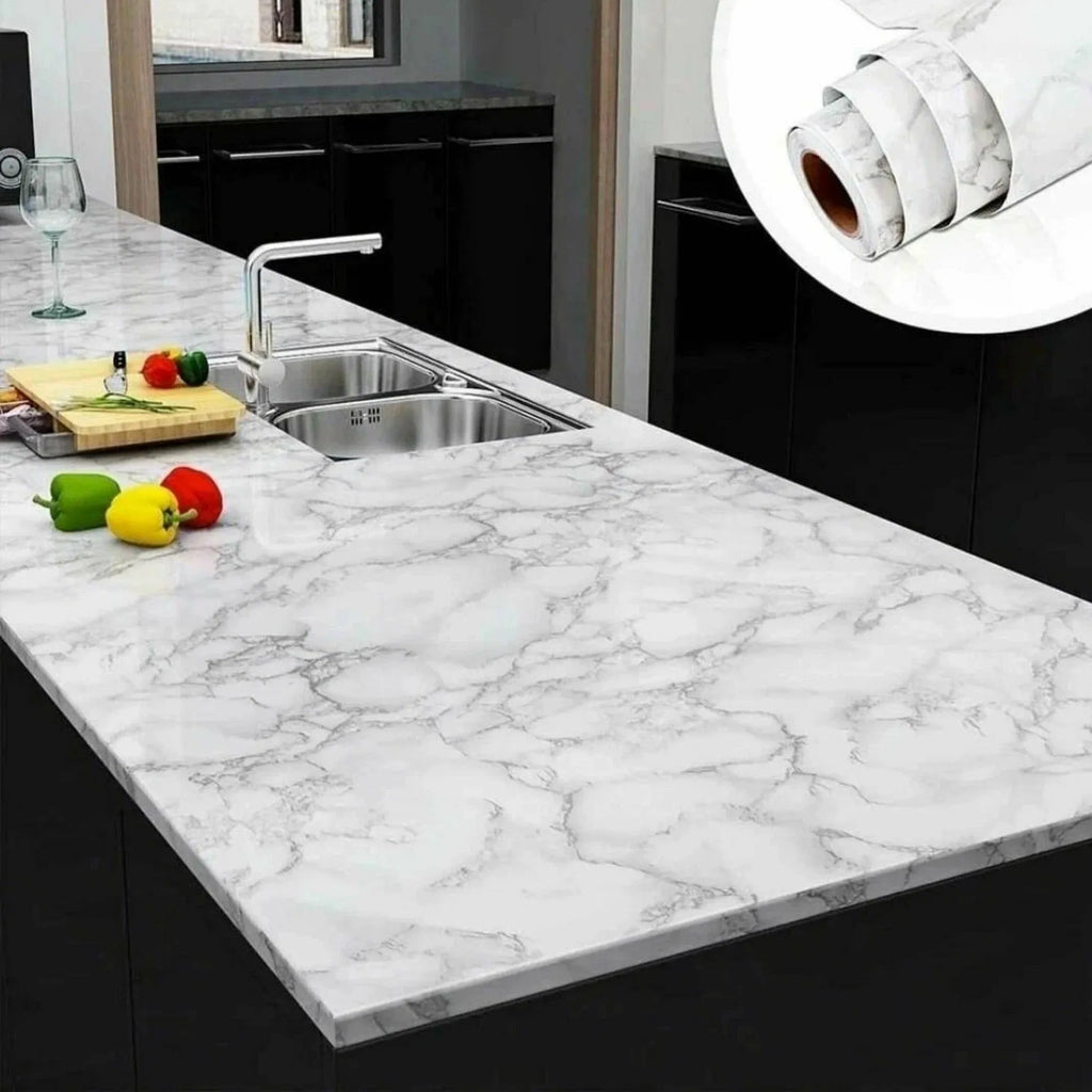 60cm Waterproof Oil Resistant Mold Resistant Self-Adhesive PVC Marble Wall Sticker for Kitchen Cabinets Countertops Wallpaper Qme