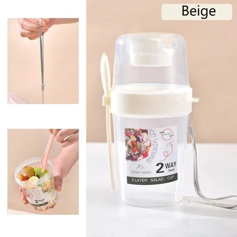 Portable Salad Double Layer Cup Fruits Oatmeal Yogurt Breakfast Lunch Box Food Storage Cup Outgoing Overnight Cup with Lid Spoon Qme Beige