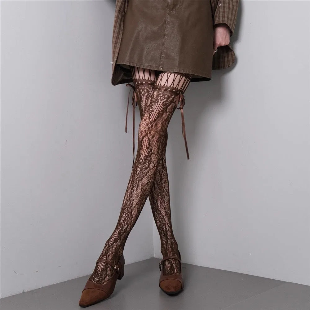 Waist Mesh Lace-up Pantyhose Smooth High-density Shaping Silk Qme Coffee One Size