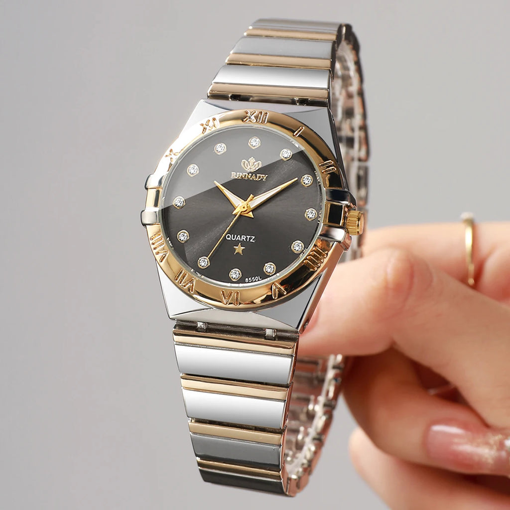 Two Tone Gold Silver Ladies Watch Rhinestone Dial Roman Trim Bezel Stainless Steel Band Elegant Women Quartz Dress Wristwatch Qme