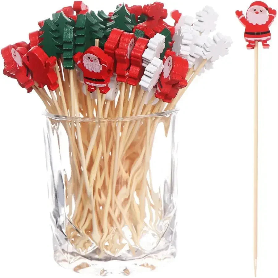 50 Christmas Bamboo Skewer Cocktail Picks Cupcake Topper Disposable Qme