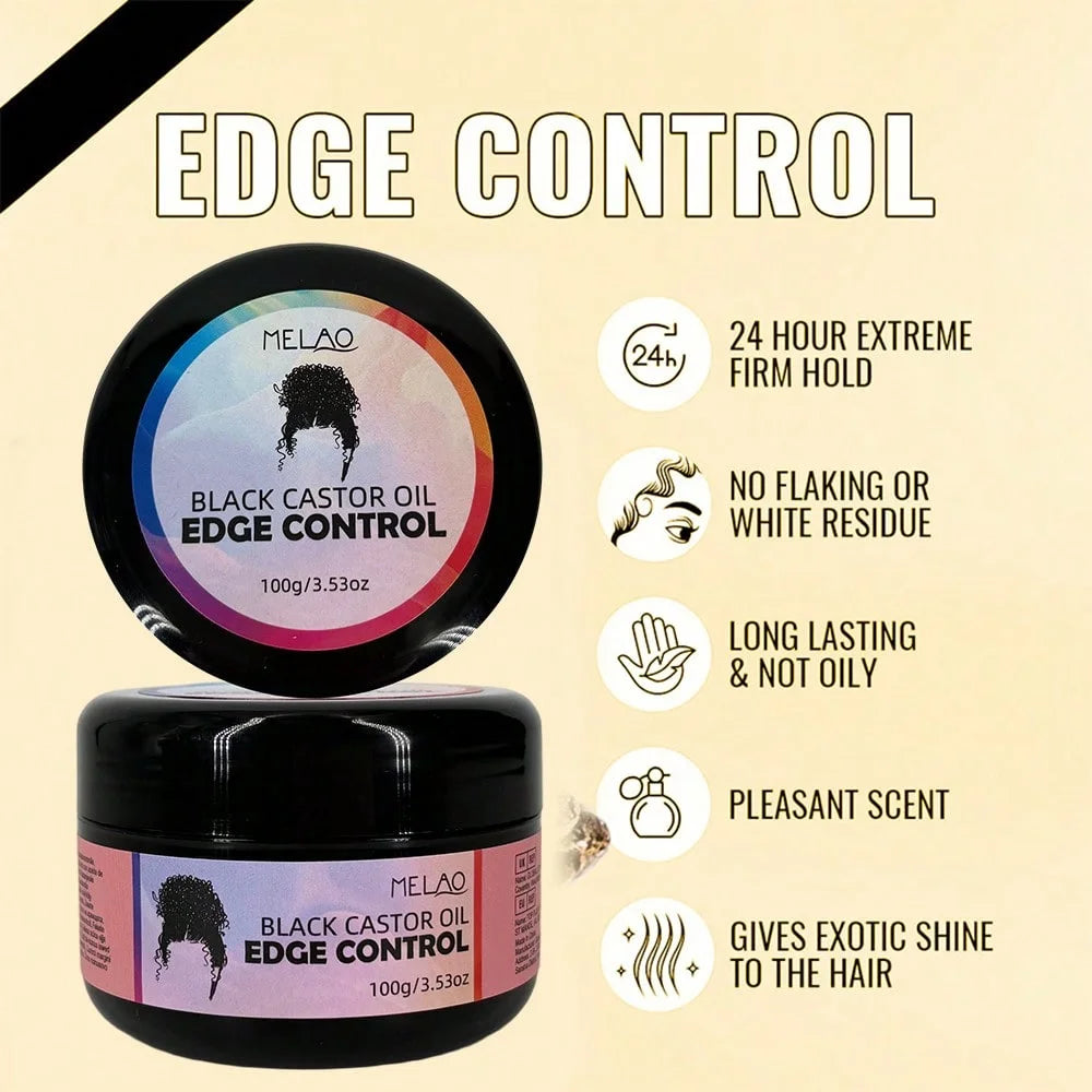Black Castor Oil Edge Control, MELAO Strong Hold Edge Control Gel, for Natural & Textured Hair, Defines Hairline, Smoothes Holds Qme
