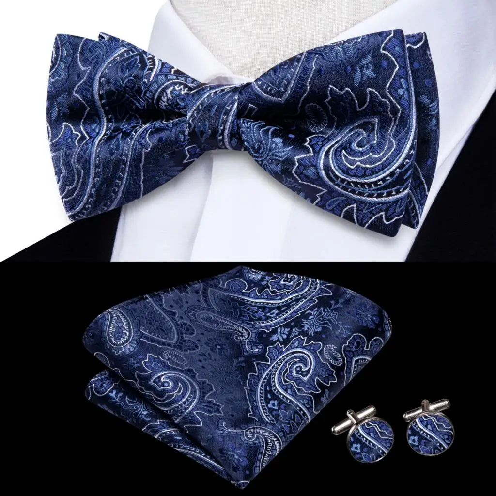Navy Royal Sky Blue Silk Mens Bow Tie Hankerchief Cufflinks Pre-tied Qme LDLH2544