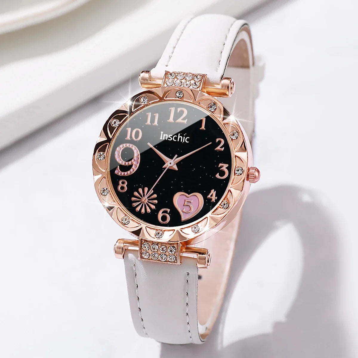 5 Pcs/Set Ladies' Watch Quartz Watch Belt Strap Small and Versatile Gemstone Five Piece Set Qme