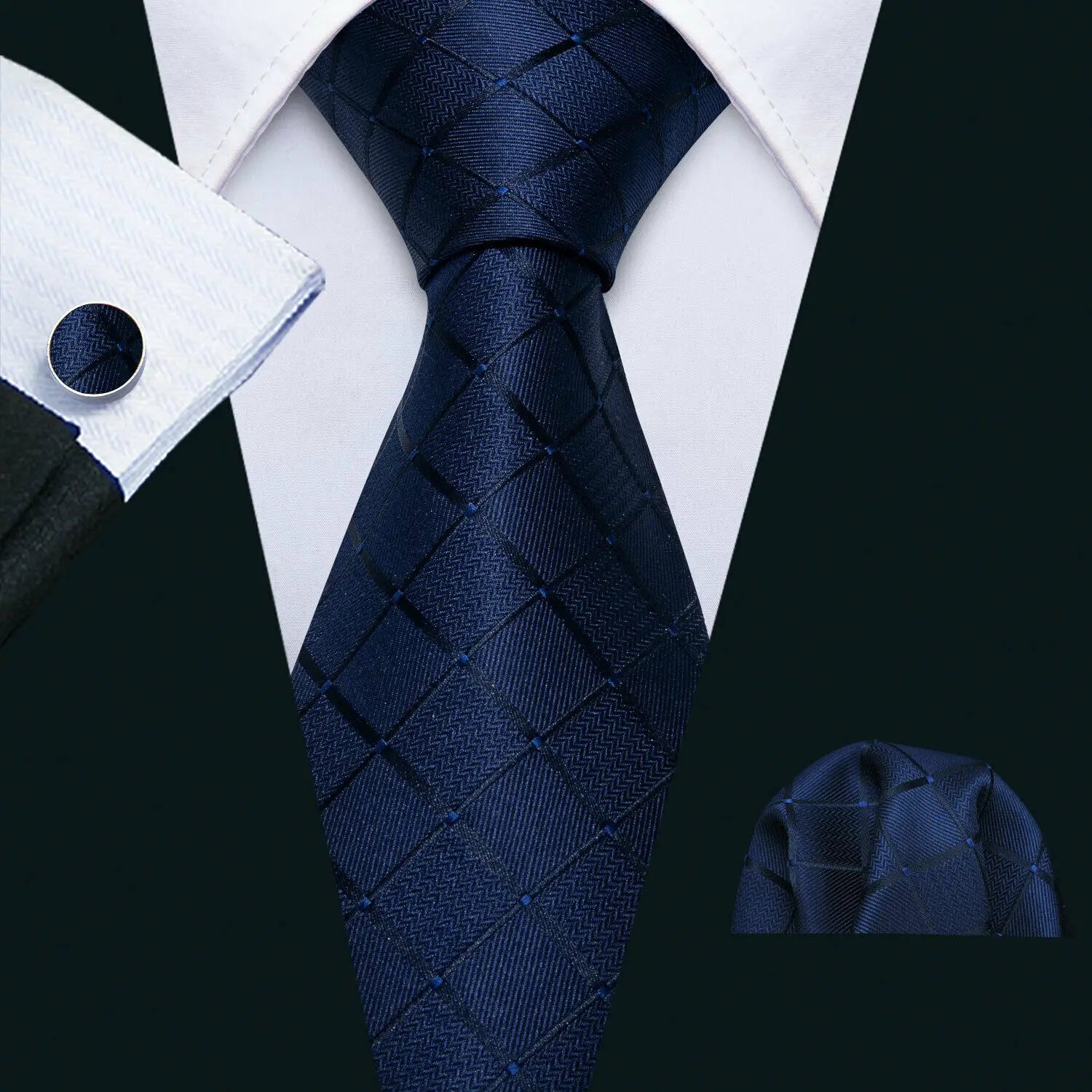 Extra Long Tie Set for Men, 3-Piece Wedding Accessories with Cufflinks & Pocket Handkerchief, Striped/Floral Design Qme DPTH-LDSN3508