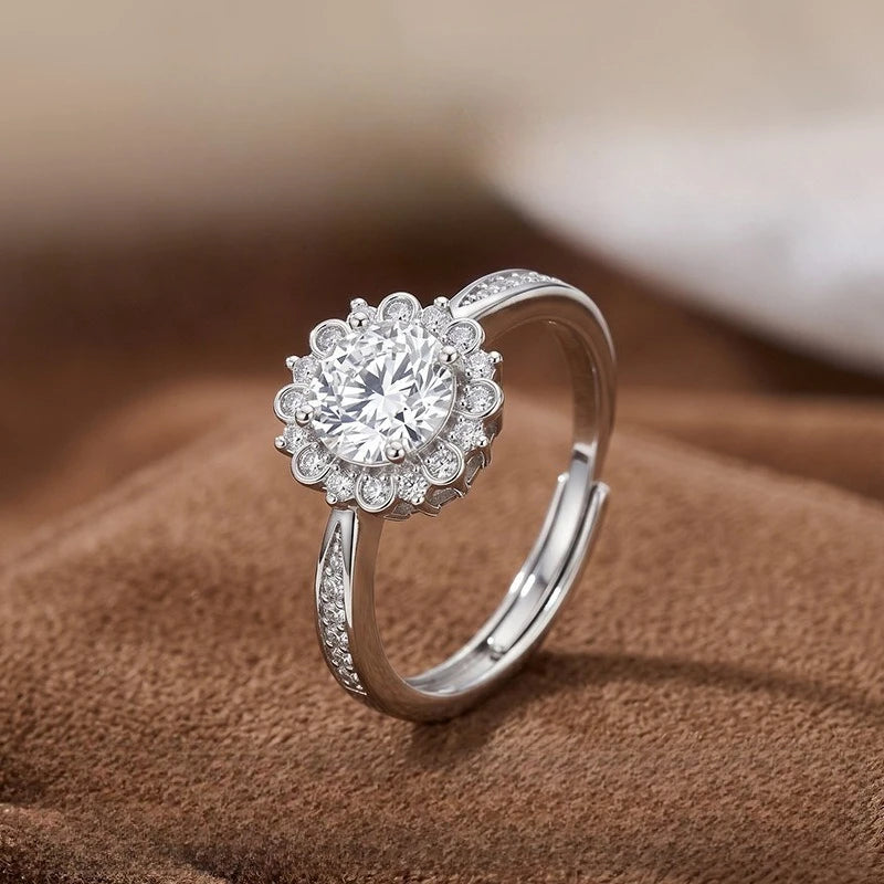 Sunflower Halo Cubic Zirconia Engagement Ring Adjustable Open Band Silver Tone Promise Wedding Band for Women Bridal Jewelry Qme slivery