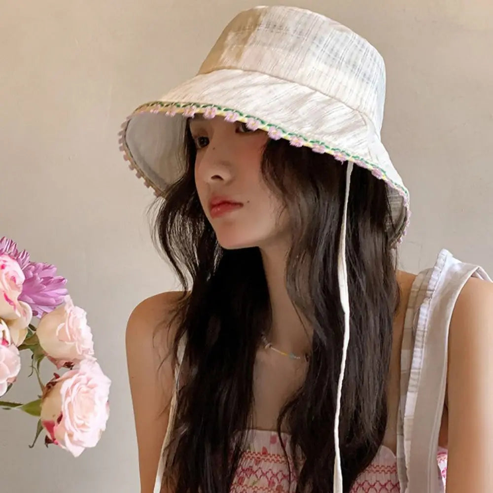 Fashion Lace Up Women Fisherman Hat Plaid Solid Color Summer Sun Hat Sun Protection Breathable Lace Flower Bucket Hat Camping Qme