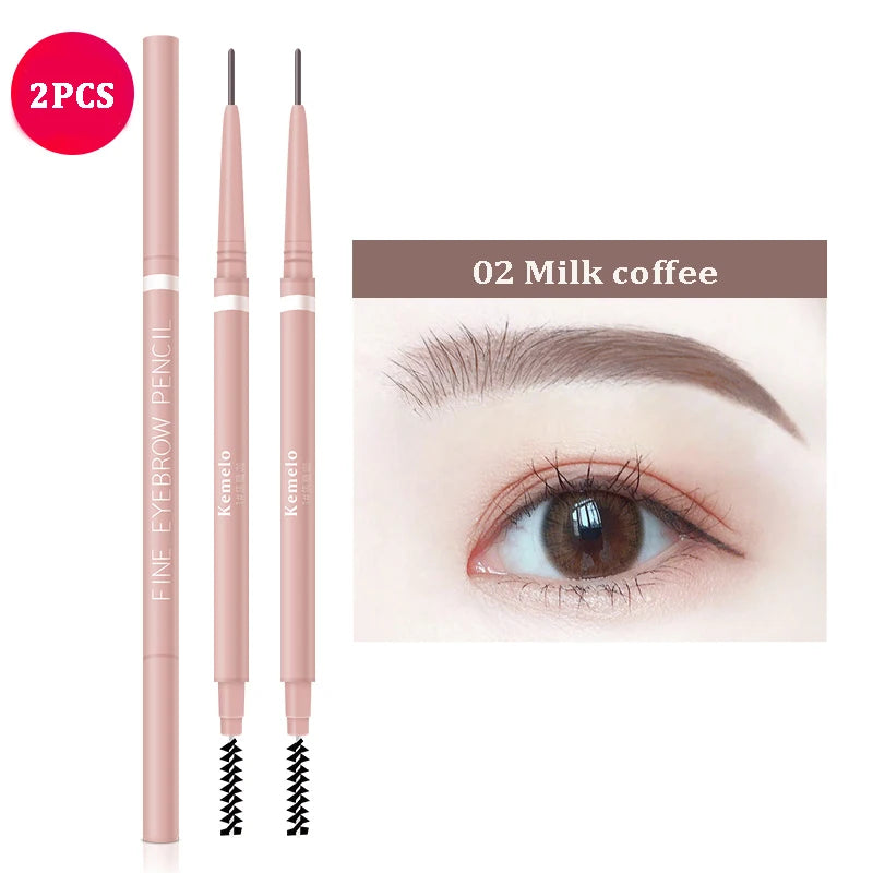 1.5mm Ultra Fine Double-Ended Eyebrow Pencil Automatic Rotating Natural Waterproof Long Lasting Professional Eyebrow Pen Makeup Qme 02Milk Coffee(2Pcs)