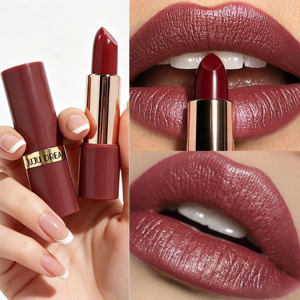 JUJU DREAM Coffee Red Rose Gold Shimmer Lipstick Metallic Glitter Qme