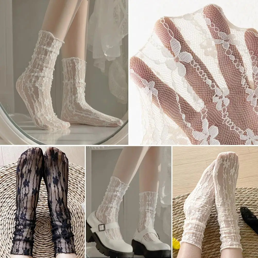 Women Sexy Black Fishnet Floral Pattern Lace Socks Thin Hollow Nylon Silk Retro Flower Pile Socks Ladies Transparent Crew Socks Qme