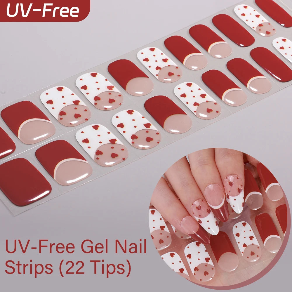 22Tips French Red Heart Kiss UV-Free Gel Nail Stickers Glitter Flower Qme BSA-0379