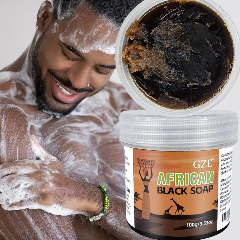 GZE African Black Soap 3-in-1 Face, Hair, and Body Cleanser - Deeply Cleanses and Moisturizes Skin and Hair, Natural Ingredients Qme