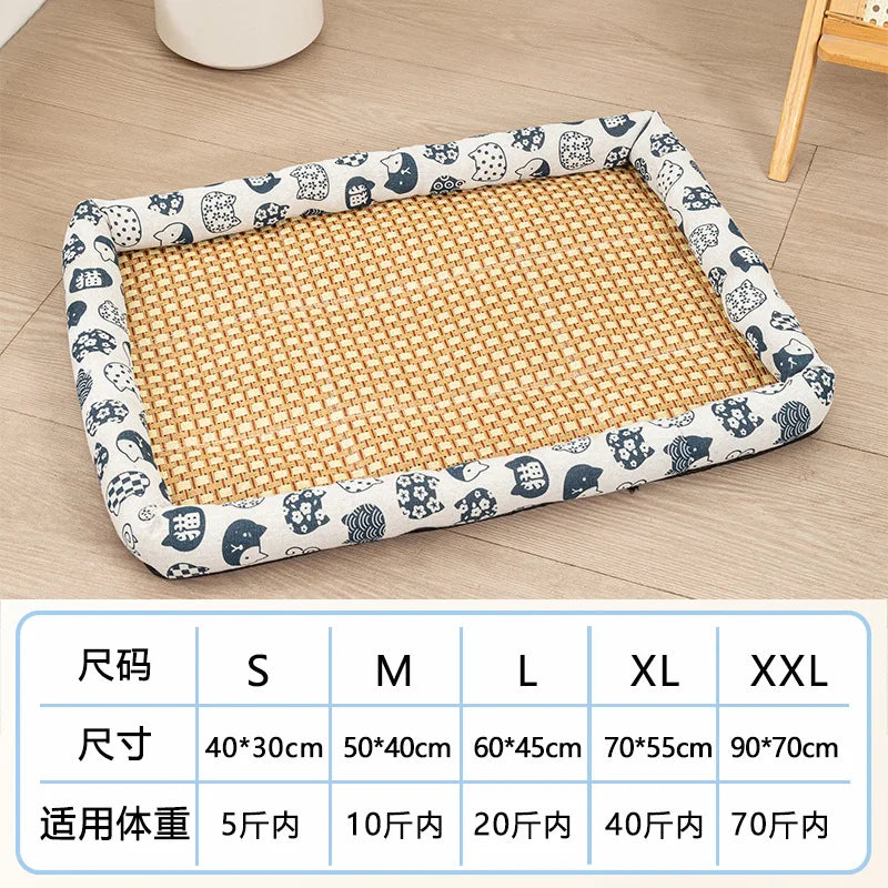 A Pet Summer Mat Cute Dog Cooling Sofa Breathable Small Dog Bed Cushion Moistureproof Rattan Wear Cat Mat Accessories Qme White Lucky Cat 40-30cm