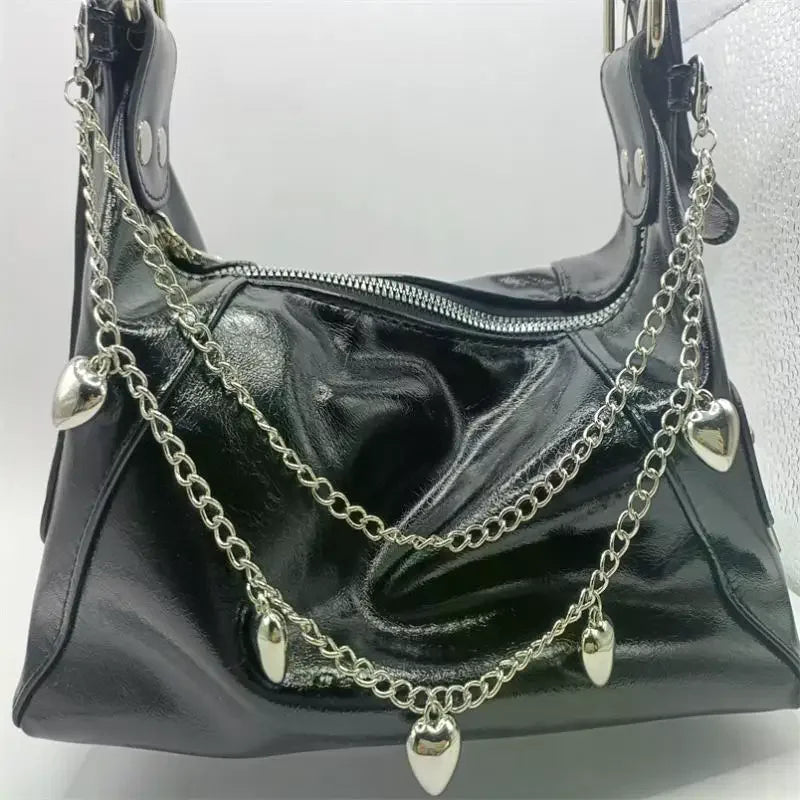 Faux Leather Shoulder Bag Silver Heart Chain Glossy Black Large Capacity for Family Gathering Outdoor Picnic Qme