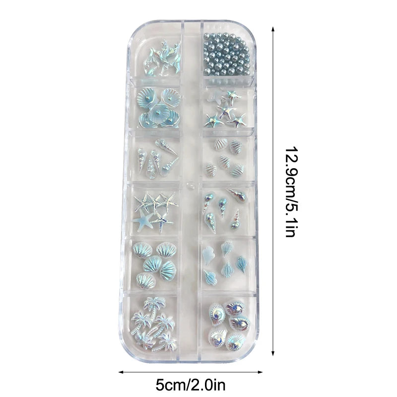 12 Grids Box Blue White Nail Charm Shell Starfish Mermaid Tail 3d Art Qme