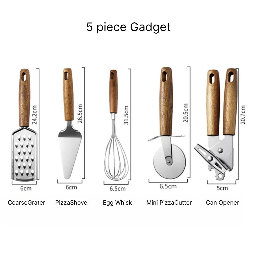 A Multifunctional Kitchen Gadgets Acacia Wood Stainless Steel Peeler Can Opener Egg Beater Pizza Cutter Cheese Spatula Set Qme 5pcs gadgets k