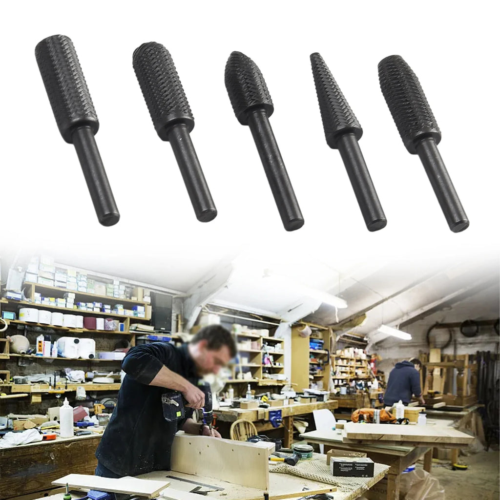 5Pcs/set Rotary Rasp File Steel File 6mm Shank Carving Bit Double Cutter Rotary File Super Hard For Metal /Wood /Grinding Qme